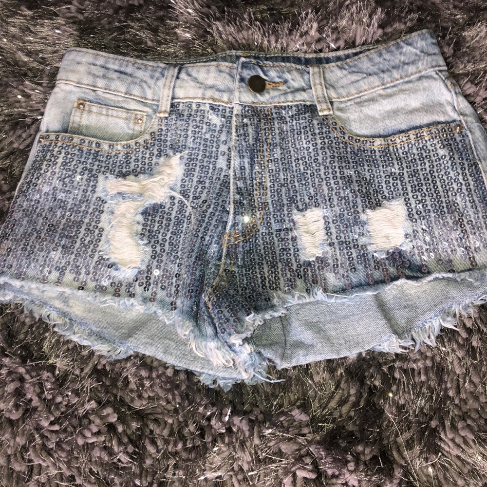 Denim sequin shorts
